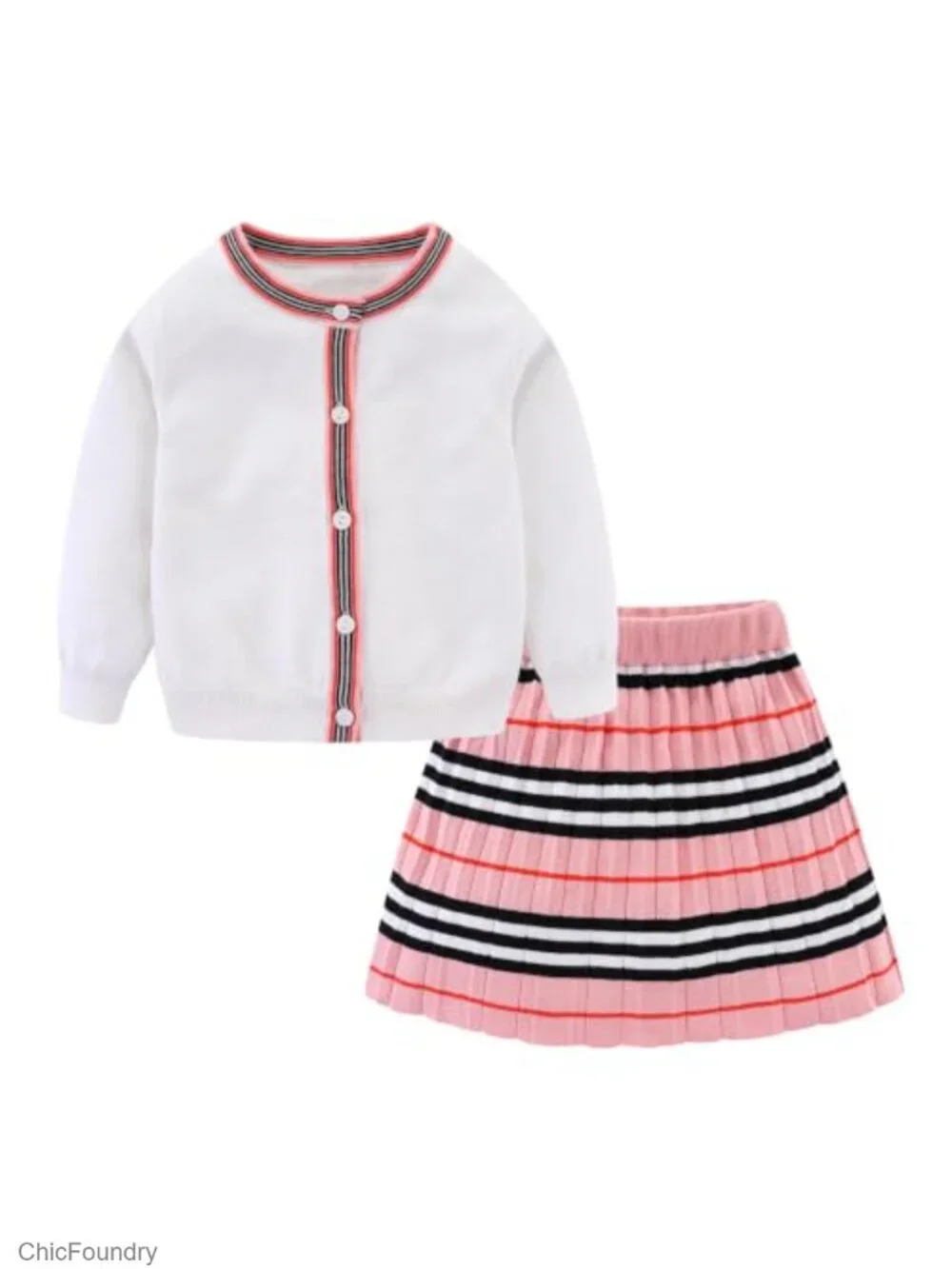 Ribbed Knit Cardigan Skirt Set 2-Piece Girls School Style
